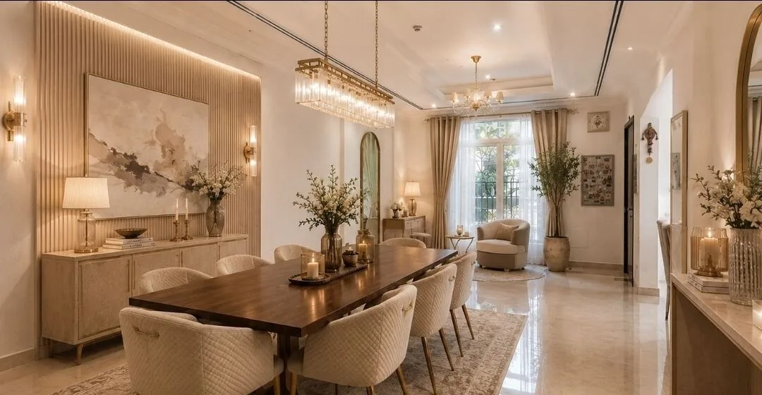 Dining room after — warm-neutral styled dining space with statement lighting