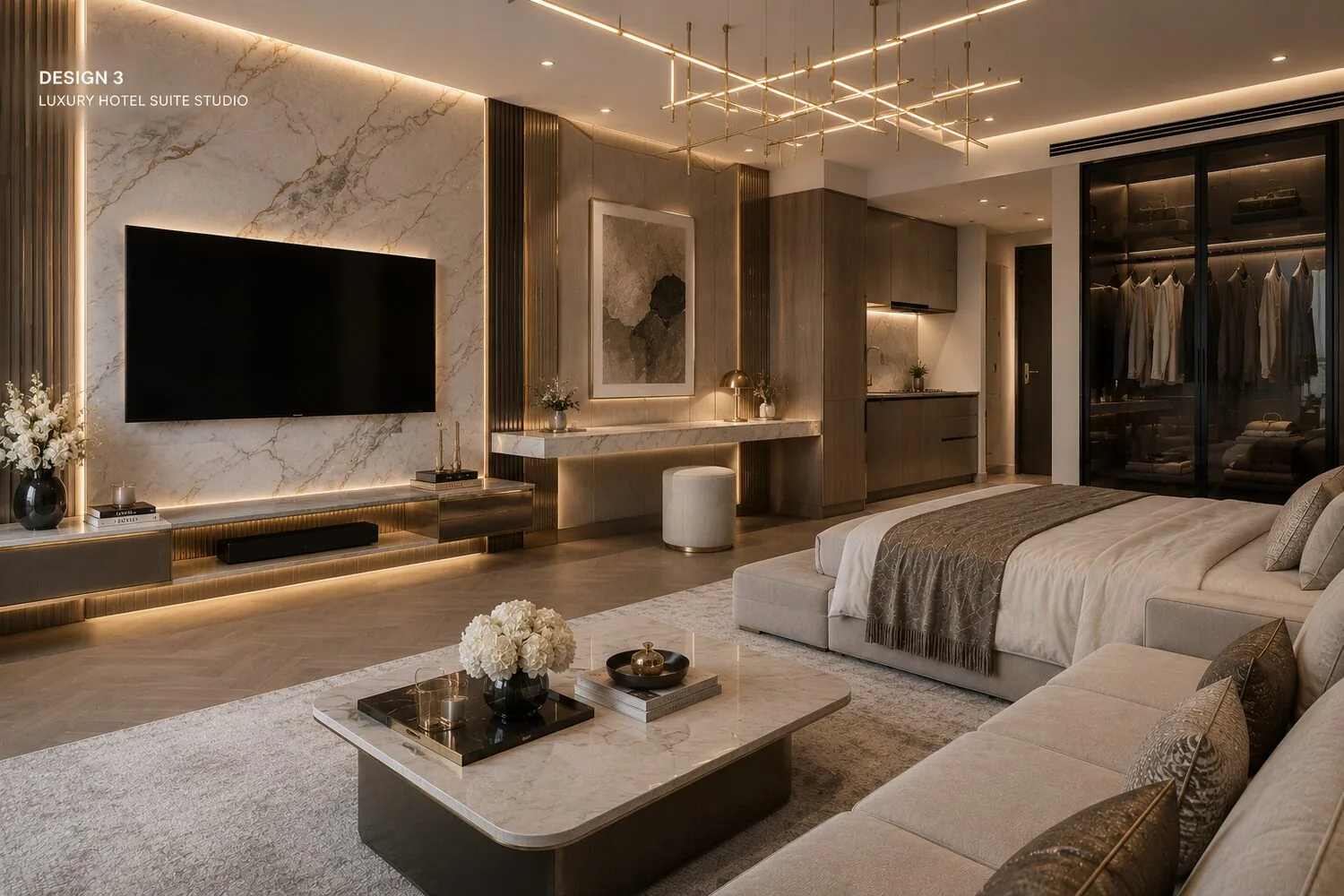 Luxury hotel-suite style studio render with marble feature wall