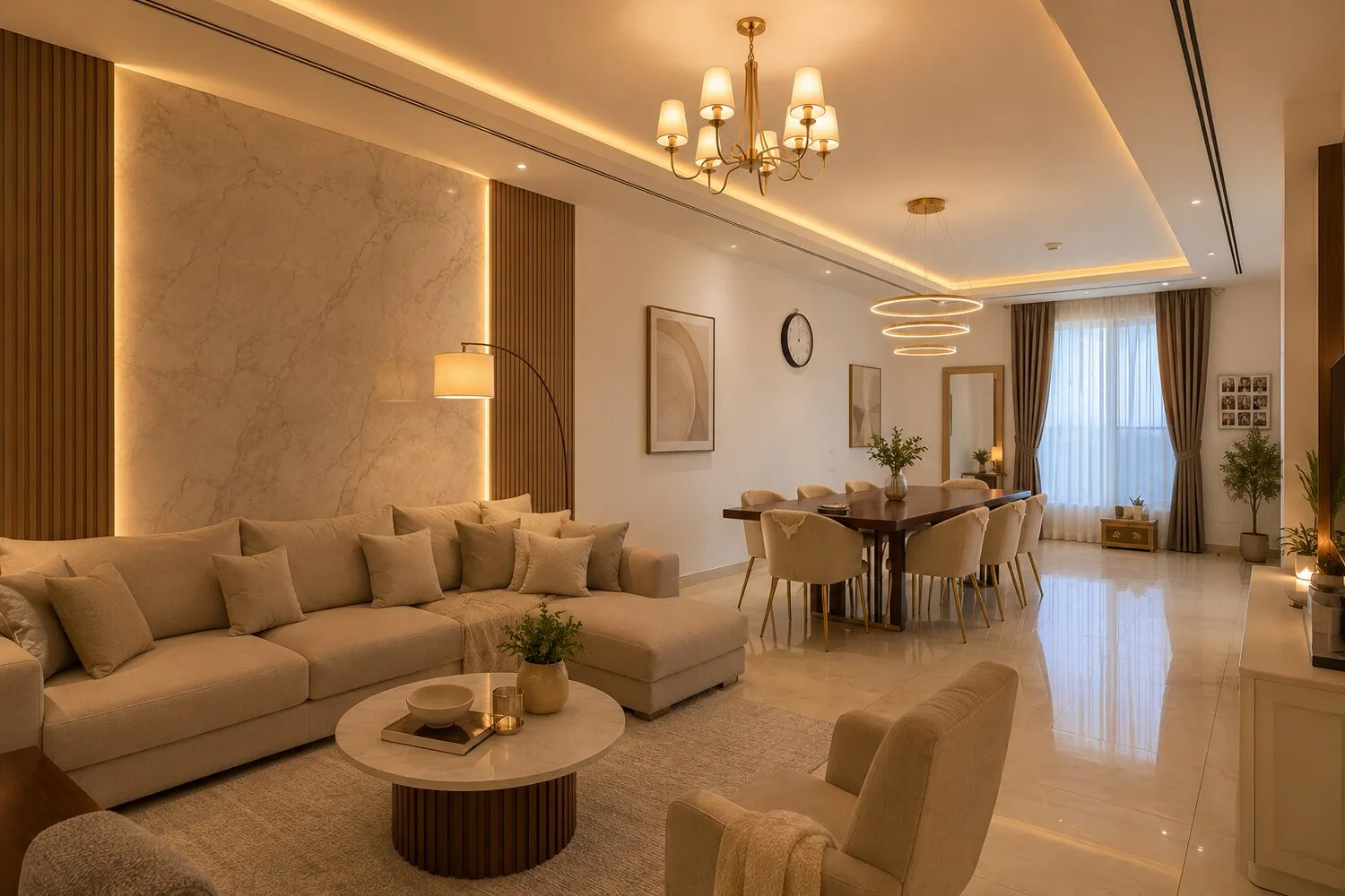 Photorealistic render of a warm, neutral living and dining space in Dubai