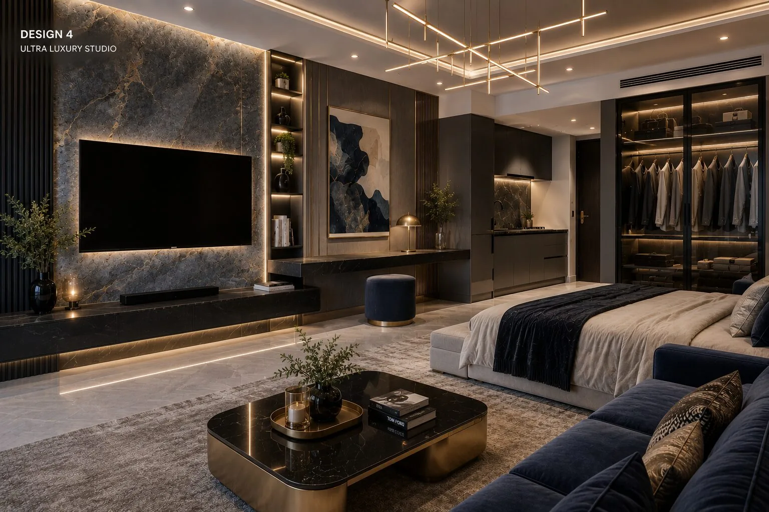 Ultra-luxury studio render with dark marble, gold lighting and walk-in wardrobe